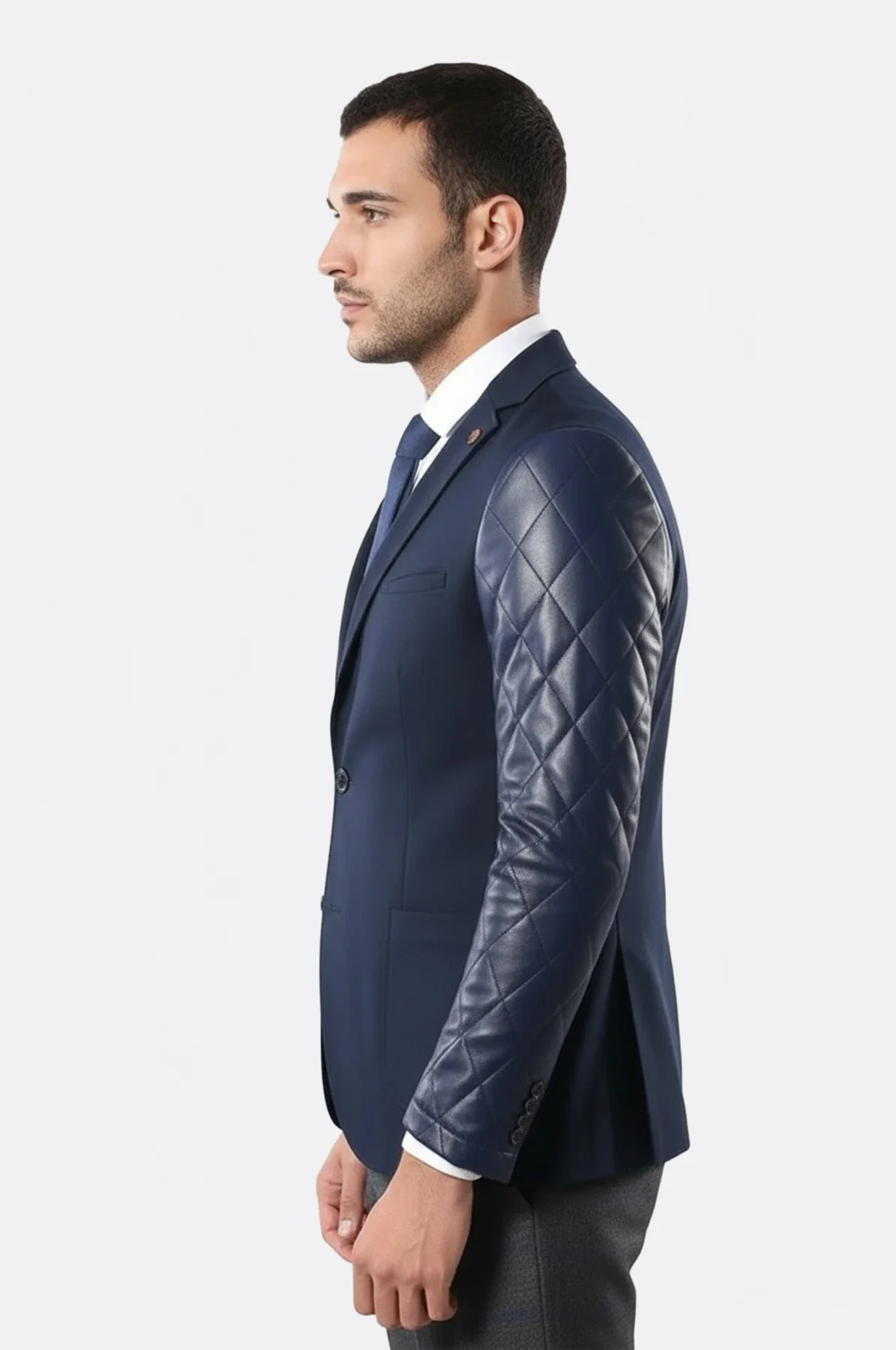 Leathered Sleeve Quilted Navy Blue Cache Blazer - Image 3