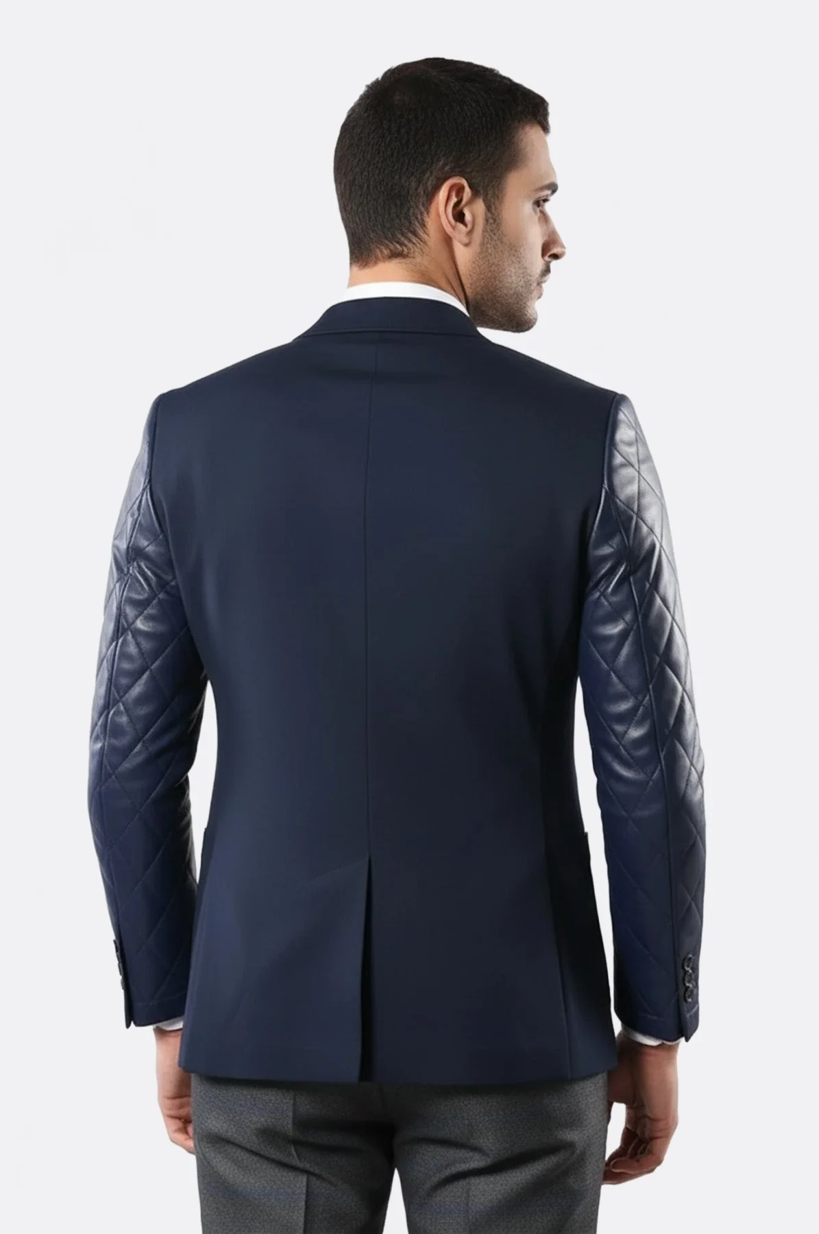 Leathered Sleeve Quilted Navy Blue Cache Blazer - Image 4