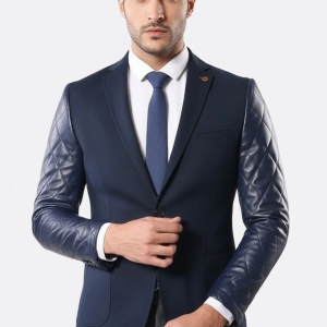 Leathered Sleeve Quilted Navy Blue Cache Blazer