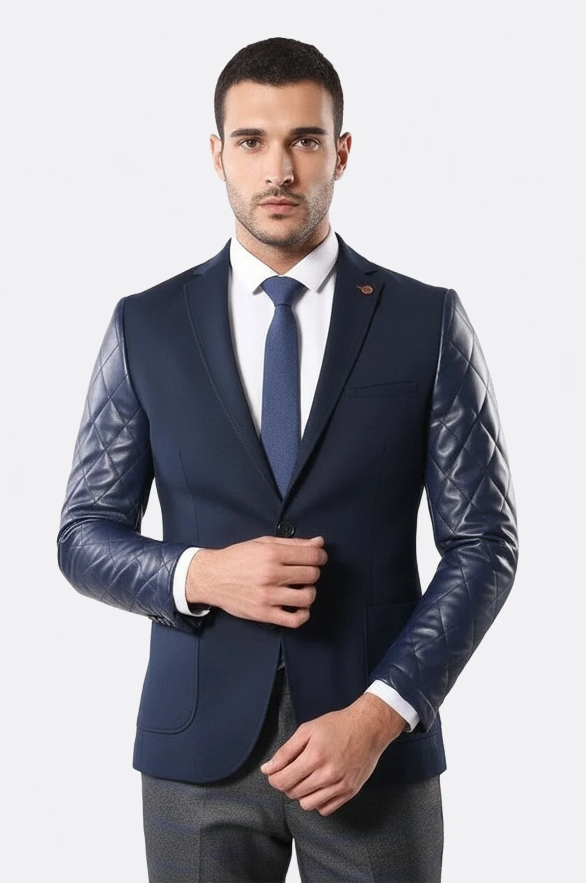 Leathered Sleeve Quilted Navy Blue Cache Blazer