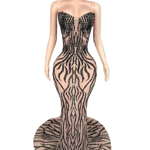 Beading Mesh Sleeveless Long Tail Dress, Black Luxury Evening Prom Dresses Floor-length Robe