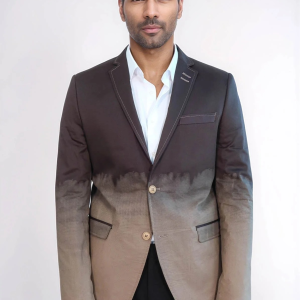 2 Button Mono Lapel Plain Cotton Brown Jacket
