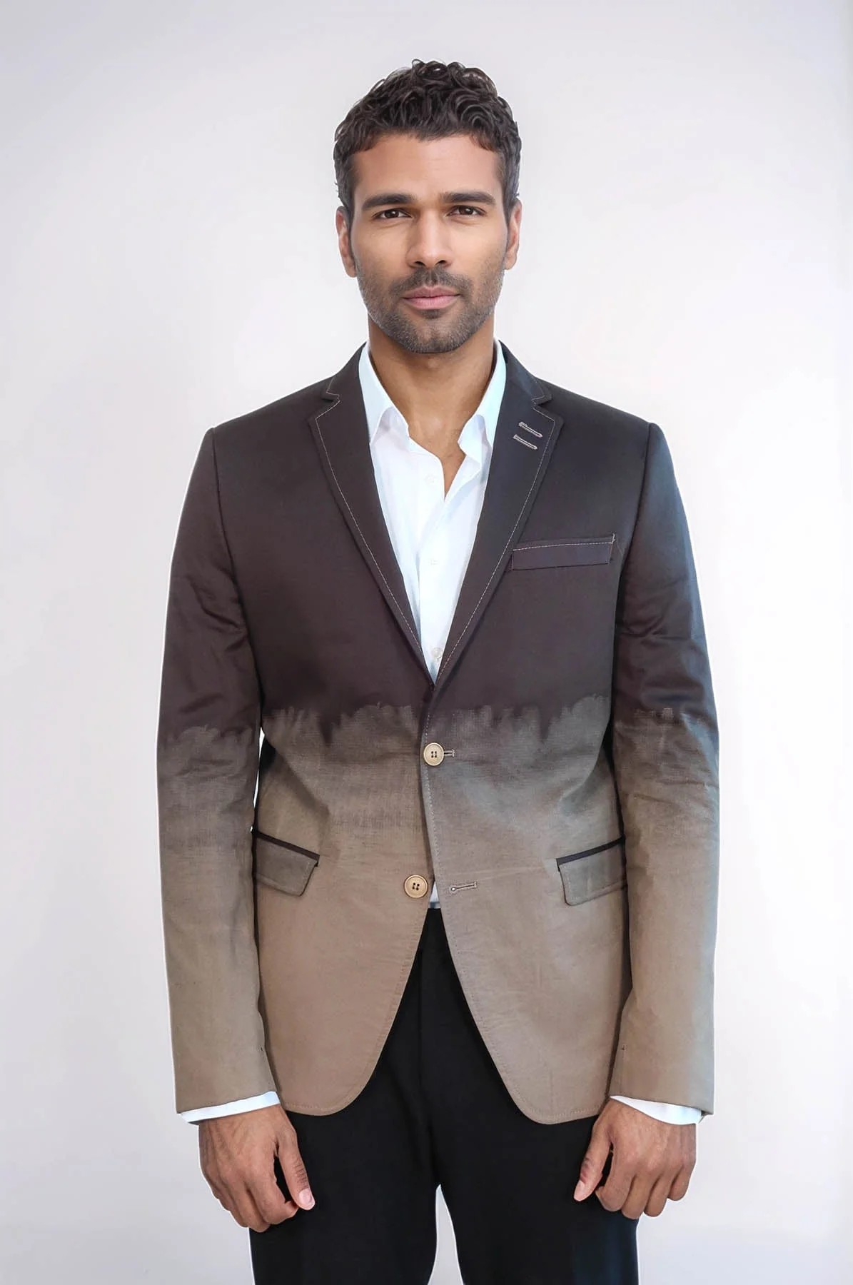 2 Button Mono Lapel Plain Cotton Brown Jacket
