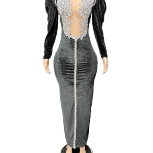 Long Sleeve Prom Black Dresses Gown Rhinestones