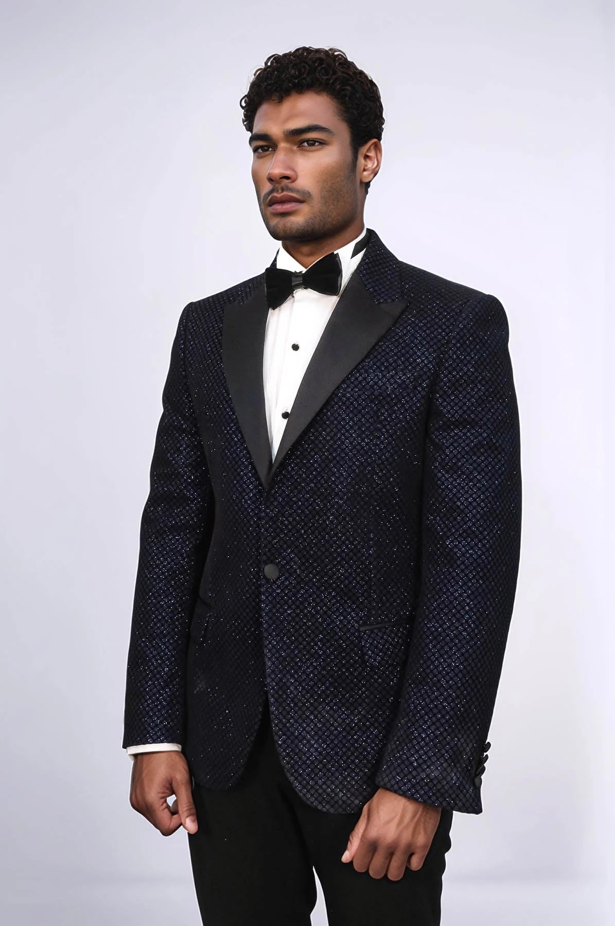 Black Patterned Over Navy Blue Men Prom Blazer