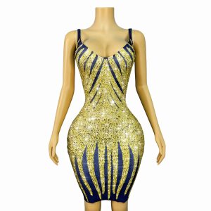 Black and yellow crystal sleeveless short dress