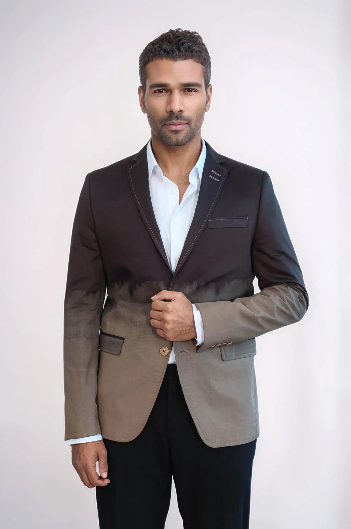 2 Button Mono Lapel Plain Cotton Brown Jacket - Image 2