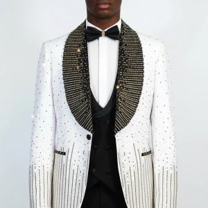 White 3-Piece Suit with Gold Vertical Bead Embellishments