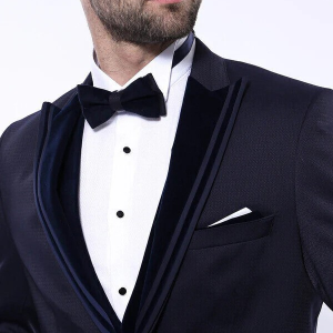 Velvet Collar Patterned Dark Blue Tuxedo