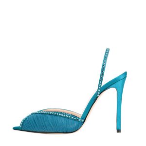 Nude Teal Blue Mesh Slingback Stiletto Sandals