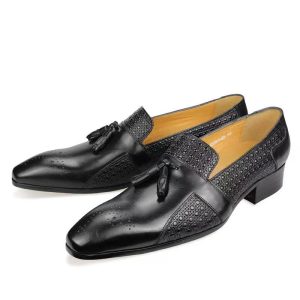 Black Men's Casual Dress Leather Shoes Solid Pattern.