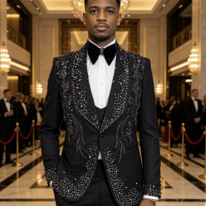 Rhinestone Sequin 3 Piece Set Single Breasted Tuxedo