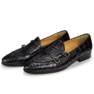 Black Genuine Leather Men's Monk Strap Slip-On Loafers.