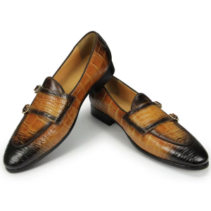 Brown Genuine Leather Men's Monk Strap Slip-On Loafers.
