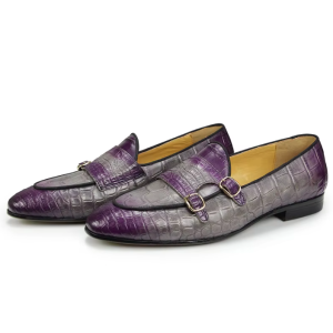 Purple Genuine Leather Men's Monk Strap Slip-On Loafers