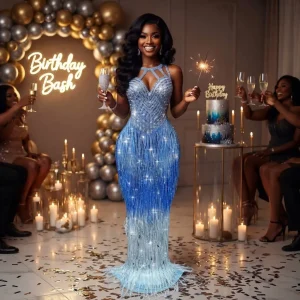 Blue Crystal Rhinestone Evening Gown