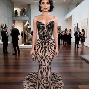 Beading Mesh Sleeveless Long Tail Dress, Black Luxury Evening Prom Dresses Floor-length Robe