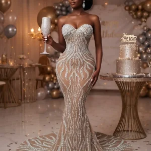 Beading Mesh Sleeveless Long Tail Dress