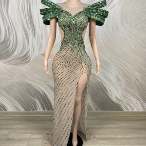Sleeveless rhinestone high slit dress.