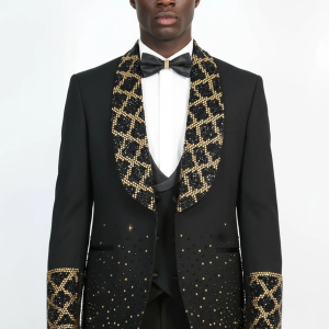 Men's Black Shawl Lapel 3-Piece Tuxedo Suit with Gold Honeycomb Rhinestone Pattern