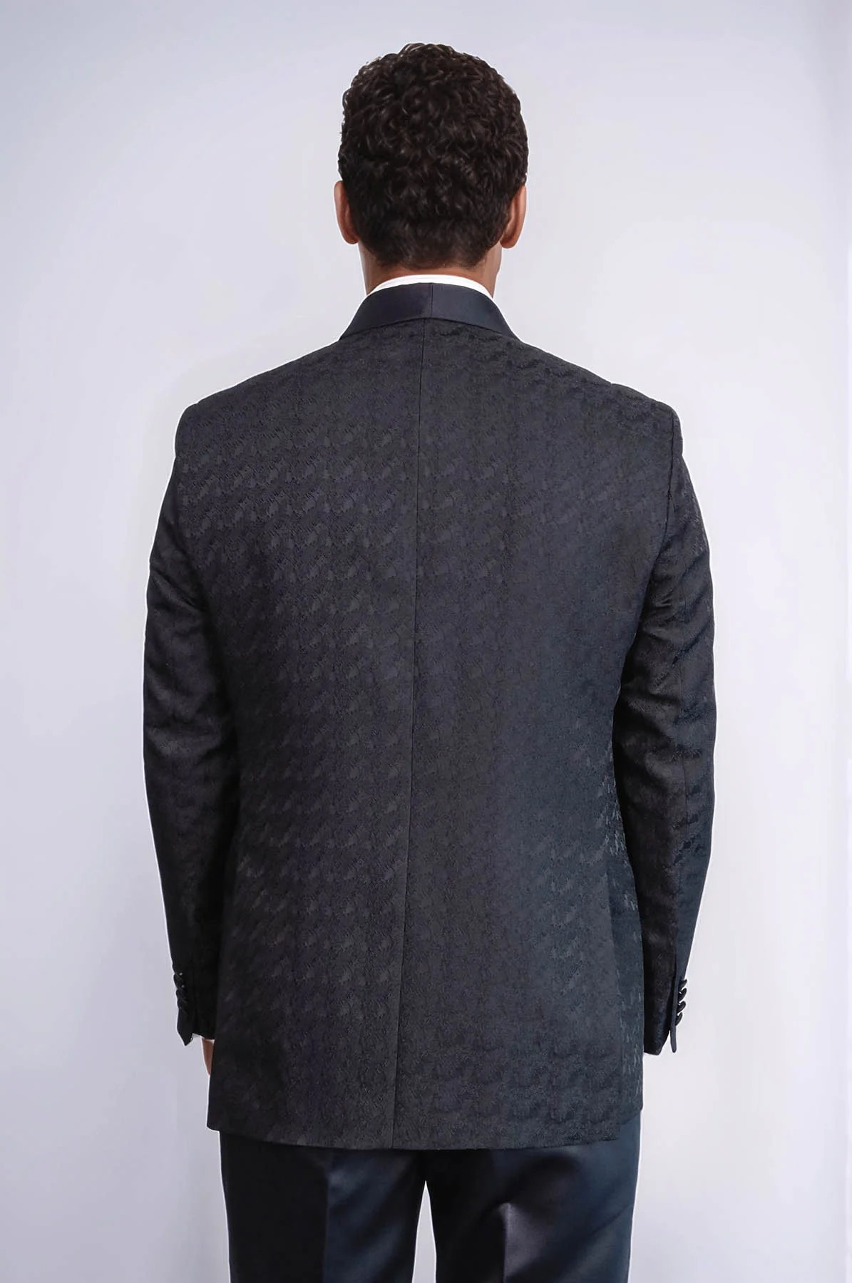 Satin Shawl Collar Patterned Double Breasted Black Men Tuxedo - Image 2