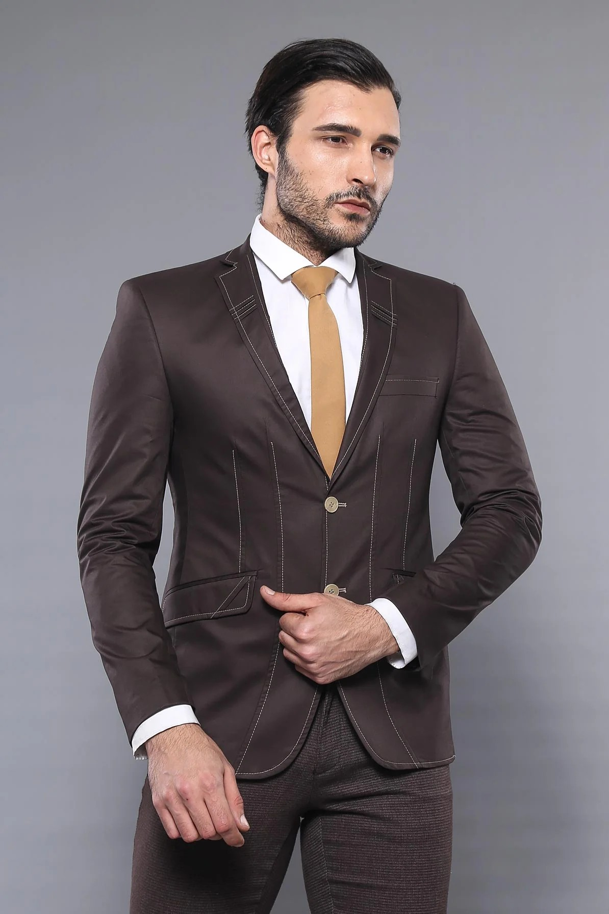 Slim Fit Double Buttons Stitch Embroidered Brown Jacket