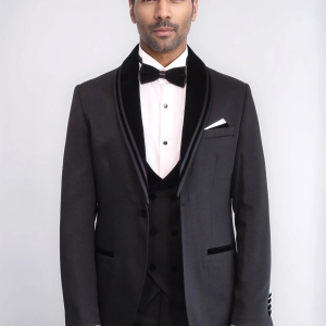 3 Piece Trim Detailed Self-Patterned Velvet Shawl Collar Black Men's Tuxedo