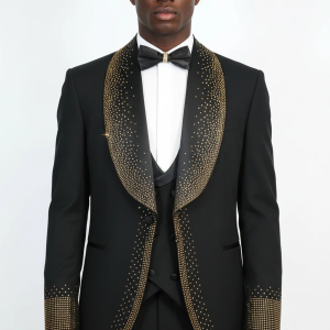 Black 3-Piece Suit with Gold Bead Embellished Shawl Lapel