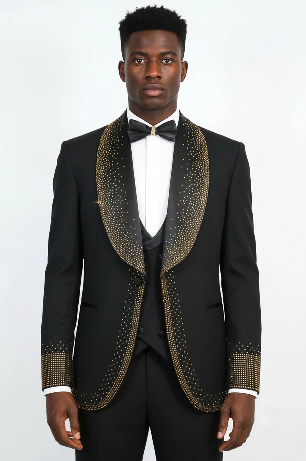 Black 3-Piece Suit with Gold Bead Embellished Shawl Lapel