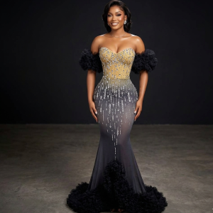 Bubble Sleeve Formal Crystal Dress