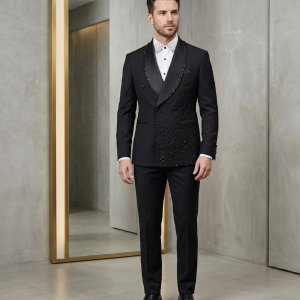 2 Piece Suit Set Double Breasted Rhinestone Beaded