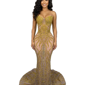 Yello Beading Mesh Sleeveless Long Tail Dress