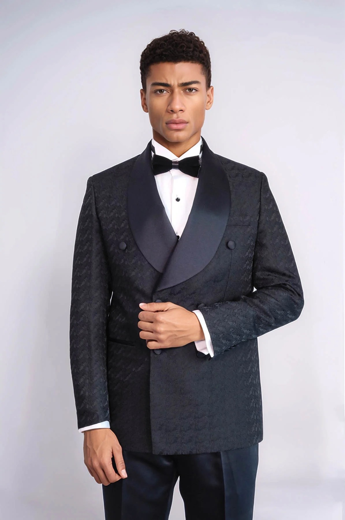 Satin Shawl Collar Patterned Double Breasted Black Men Tuxedo - Image 3