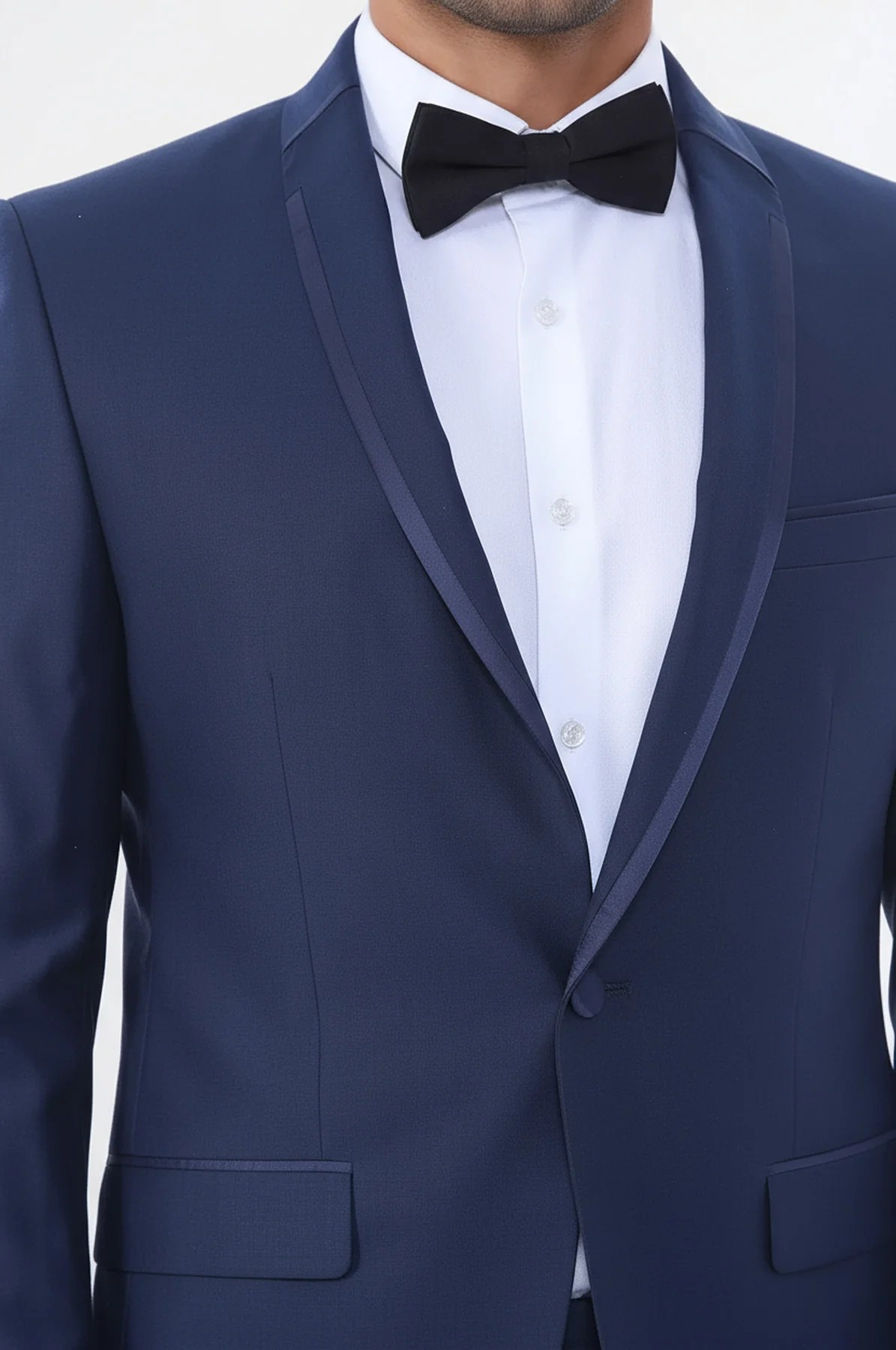 2 Piece Tuxedo Collar Piping Navy Blue Suit