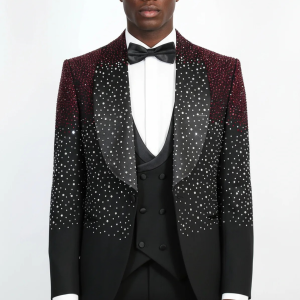 Men's Black Burgundy Ombre Rhinestone Shawl Lapel 3-Piece Tuxedo Suit