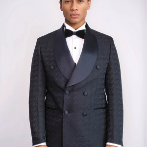 Satin Shawl Collar Patterned Double Breasted Black Men Tuxedo