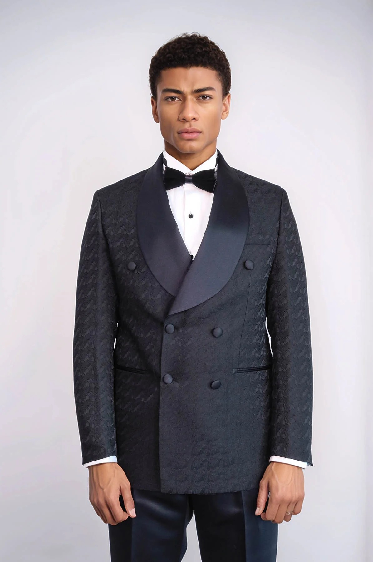 Satin Shawl Collar Patterned Double Breasted Black Men Tuxedo