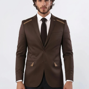Double Buttons Mono Lapel Shoulder Piece Brown Jacket