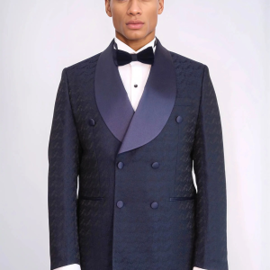 Satin Shawl Collar Patterned Double Breasted Navy Blue Men Tuxedo Suit