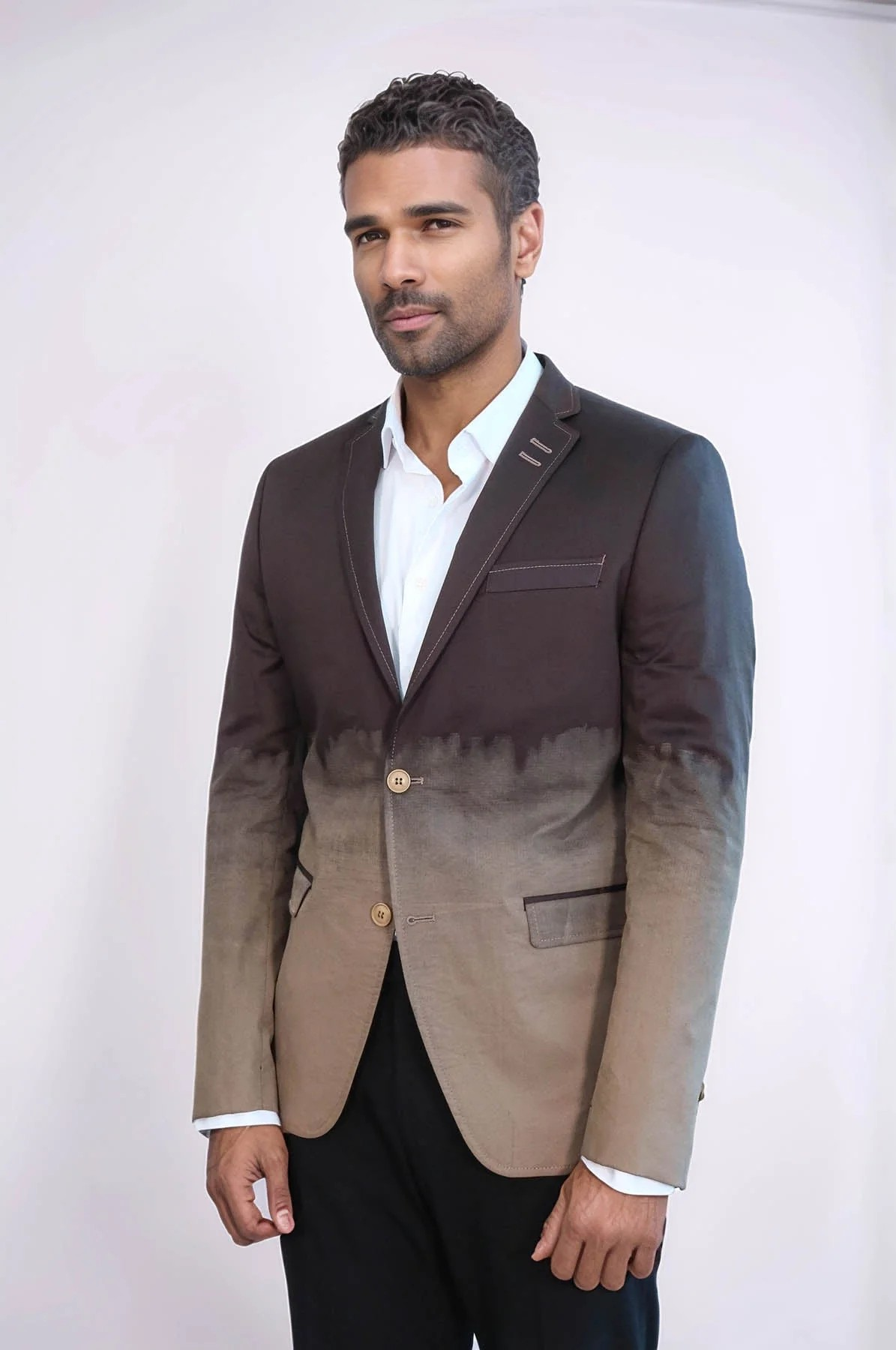 2 Button Mono Lapel Plain Cotton Brown Jacket - Image 3