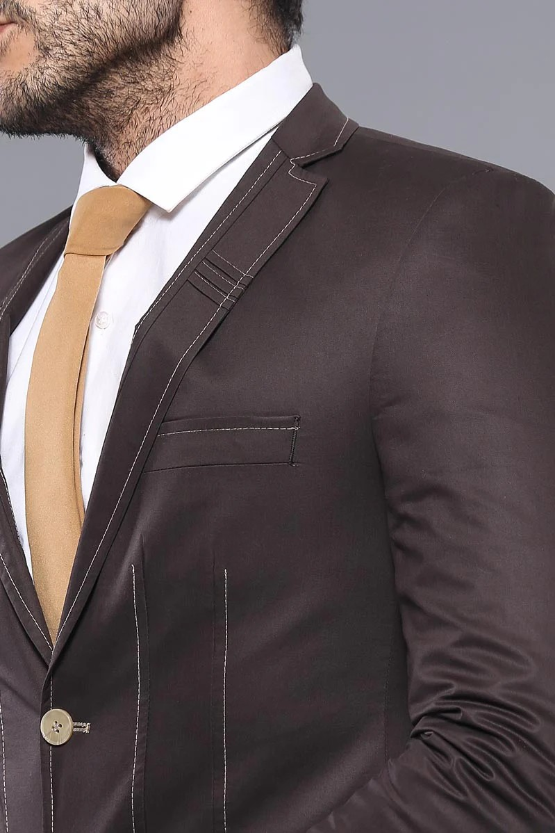 Slim Fit Double Buttons Stitch Embroidered Brown Jacket - Image 3