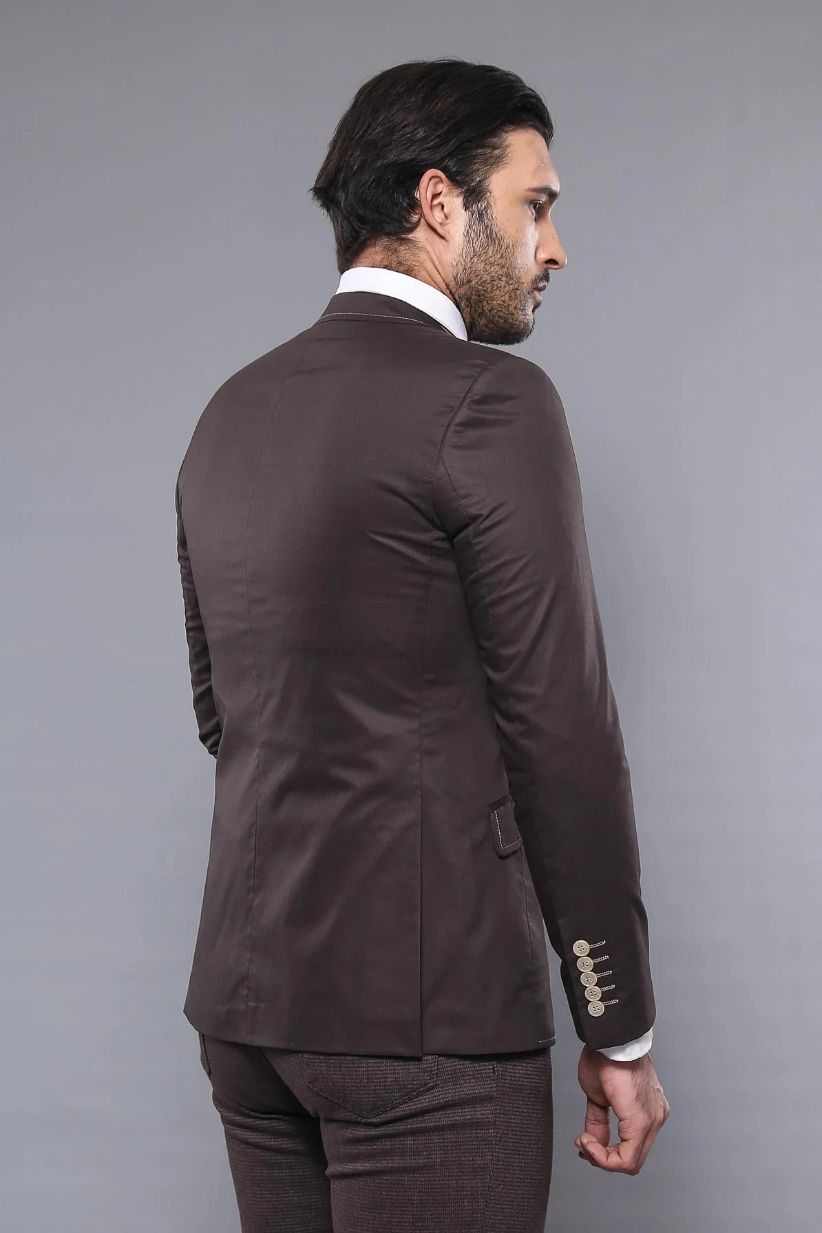 Slim Fit Double Buttons Stitch Embroidered Brown Jacket - Image 2